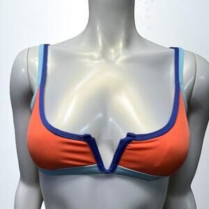 Color Block Bikini Top Orange Blue Retro V Cut Athletic Swim Medium Ribbed